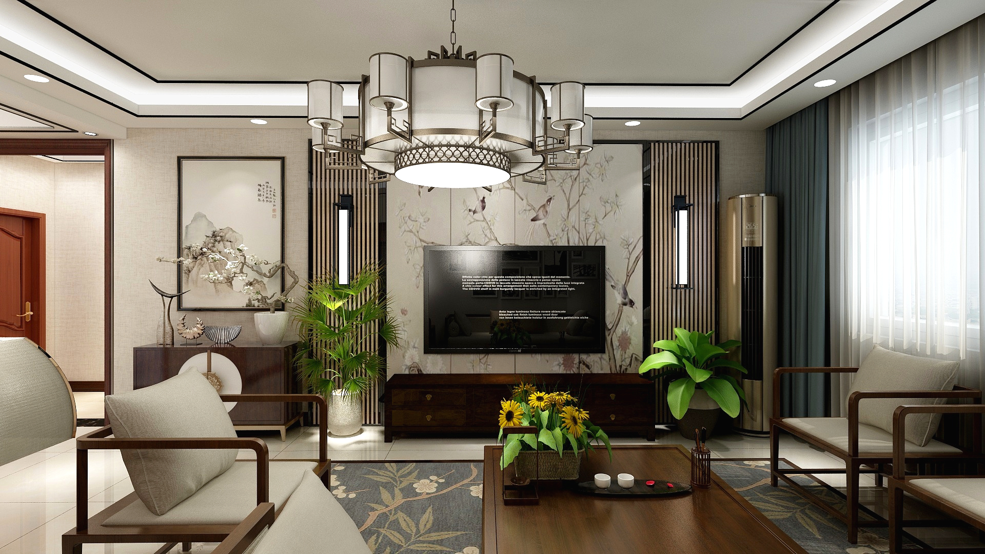 奔奔装饰设计-60平方新中式客餐厅装修效果图