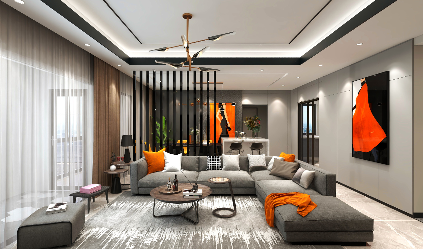 这个客厅的装修风格现代而时尚。整个空间采用了大量的灰色和橙色元素，使得整个空间既有一种现代的冷淡感，又有一种活力四溢的明亮感。灰色的沙发和抱枕遍布整个空间，而橙色的元素则通过装饰画和抱枕来呈现。