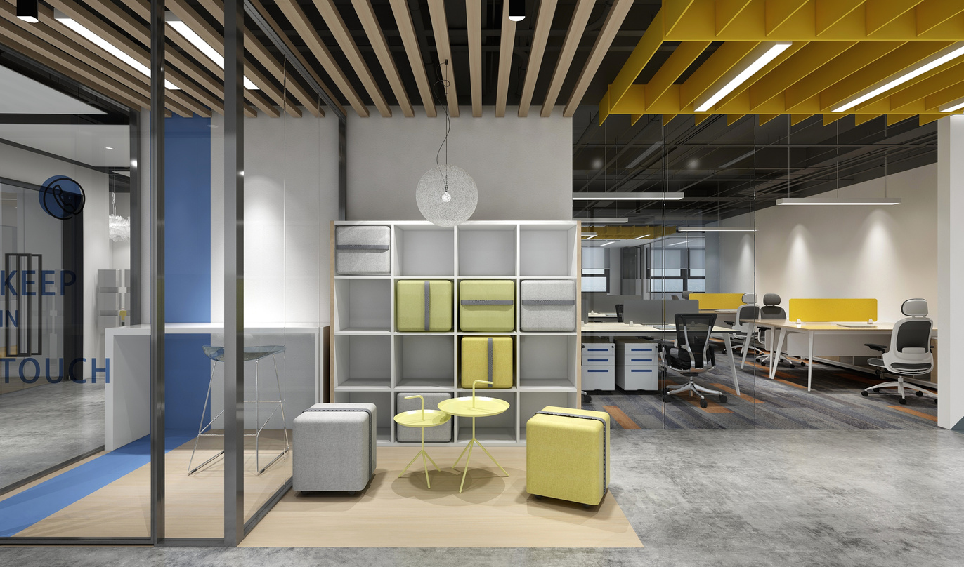 这个办公室的装修风格是现代简约，色调以白色和黄色为主。办公区域的布置简洁明快，没有过多的装饰和花哨的元素，给人一种清爽、舒适的感觉。