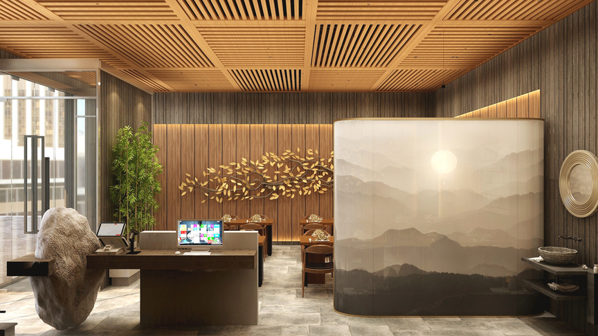 这是一个休息区，墙壁上挂着一幅金色的装饰画，画中是金色的山峰和飞翔的金色的鸟。地面是褐色的格子砖，带来一种温馨的感觉。顶部的天花板是褐色的，装有木质的格栅，是休息区的装饰之一。左侧是一张棕色的桌子，上面放着一台电脑，旁边是一张棕色的椅子，可以供人们上网或工作。右侧是一个白色的圆柱形柜子，上面画着美丽的山峰和树木，也让人感受到大自然的景色。后面还有棕色的隔板，可以作为休息的人们的背景。整个休息区的设计充满了艺术感和自然气息，让人感到放松和舒适。