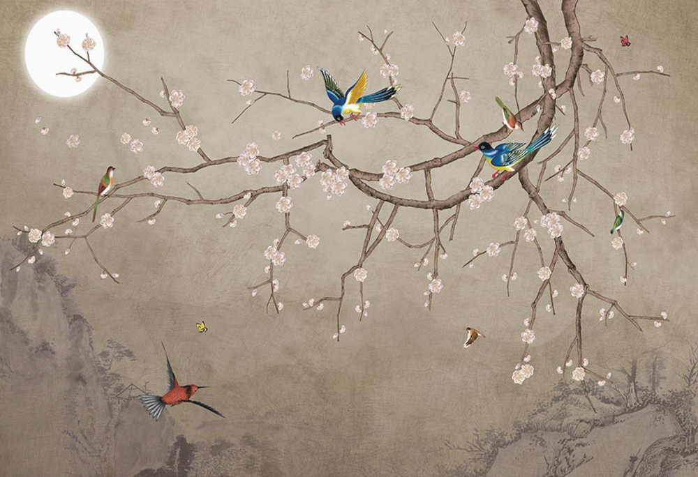 A新中式意境花鸟梅花工笔背景墙【艺轩壁画】0293D模型