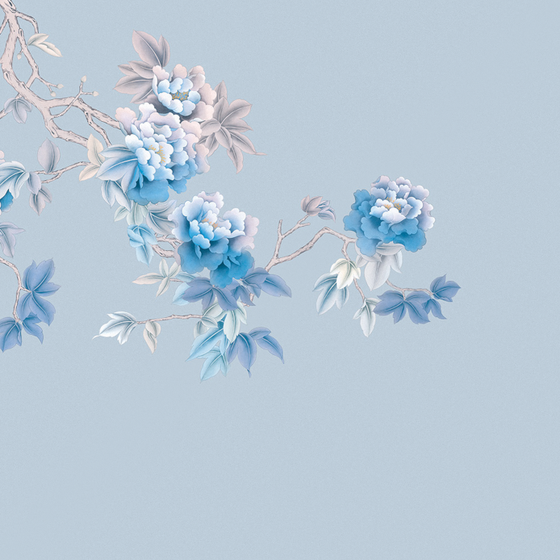 Beetle Mural Chinese Peony Wallpaper Fabric in Blue