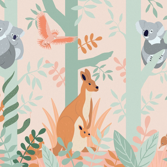 Charming Custom Hand-Painted Koalas and Kangaroos Wallpaper