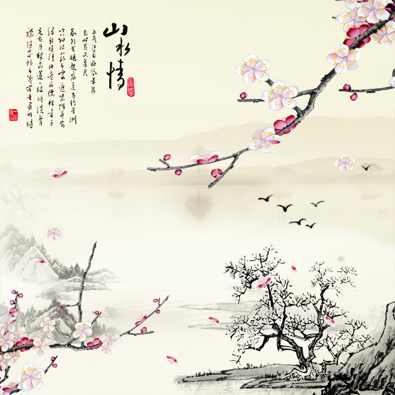 A【艺轩壁画】中式山水情梅花背景墙布3D模型