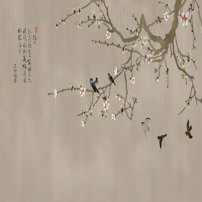 A【艺轩壁画】新中式小鸟梅花背景墙布