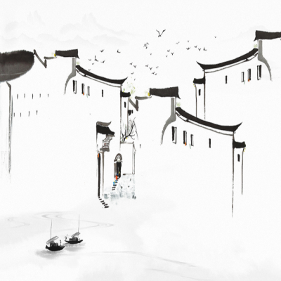 A【艺轩壁画】新中式手绘水墨马头墙徽派建筑背景墙