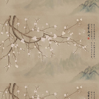 A新中式意境花鸟工笔梅花背景墙【艺轩壁画】z17