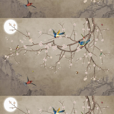 A新中式意境花鸟梅花工笔背景墙【艺轩壁画】029