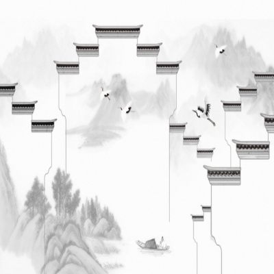 现代新中式壁纸山峰抽象水墨墙纸国画山水壁画书房背景墙山水墙布艺轩壁画RR154
